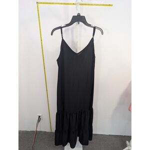 Tennis Black Tiered Ruffle Midi Dress Womens Large Adjustable Straps V-Neck